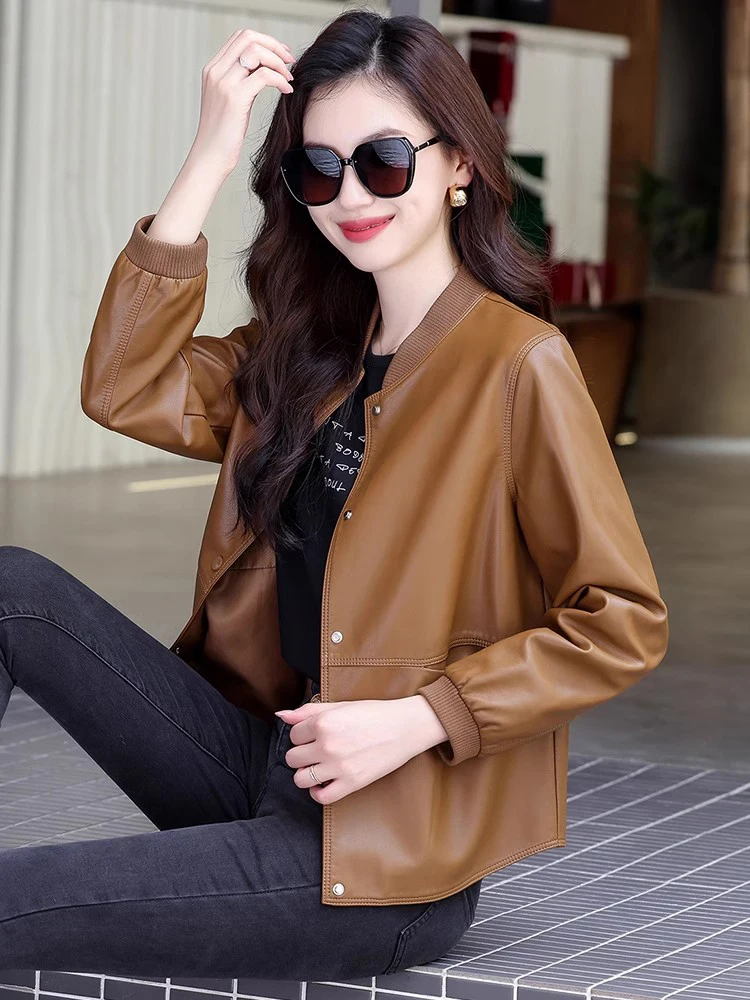 New Women Casual Leather Jacket Spring Autumn Fashion Patchwork V-Neck Single Breasted Loose Short Outerwear Split Leather - Image 3