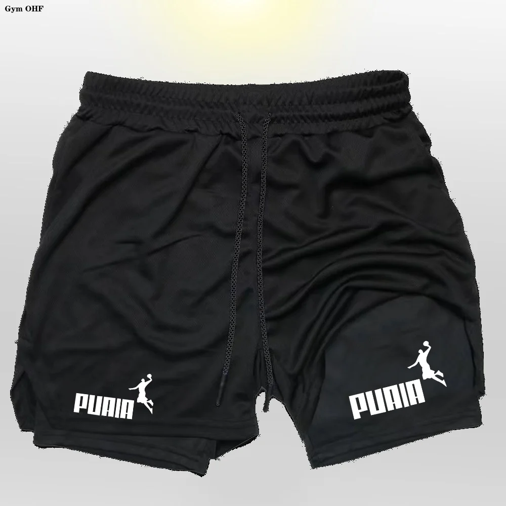 Men's Summer 2-in-1 Double Layer Shorts Gym Fitness Exercise Slow Running Breathable Elastic Compression Men Double Layer Short - Image 2