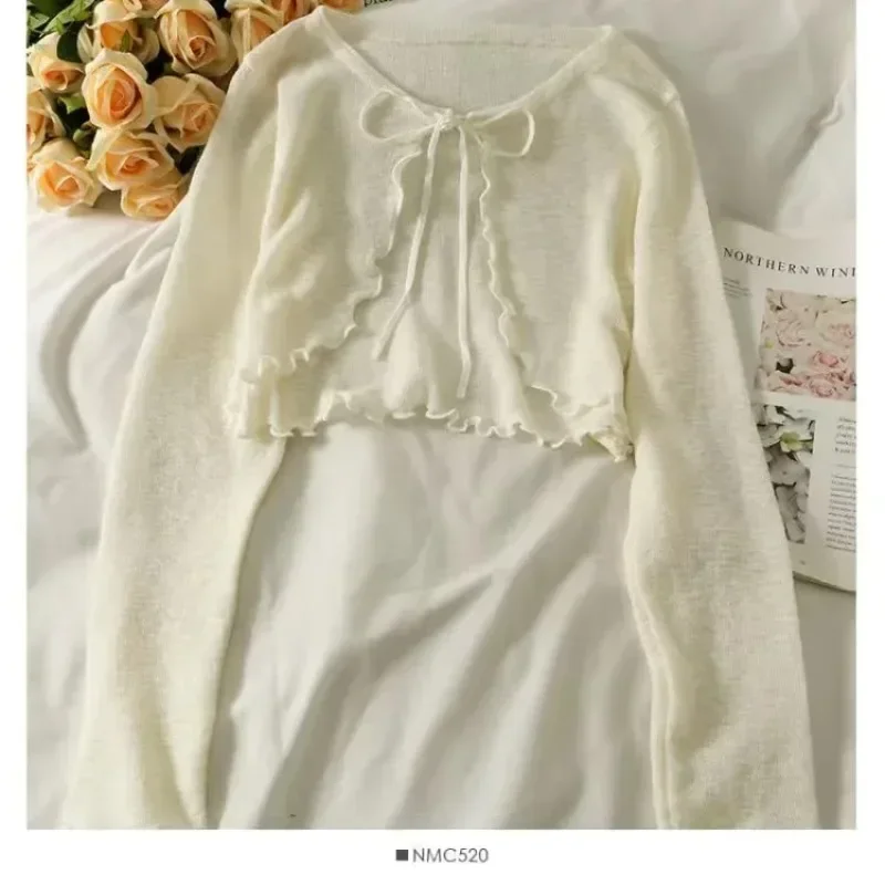 Summer Women Thin Sunscreen Cardigan Lace-up Knitwear Tops Female Korean Style Lantern Sleeve Short Coat Casual Sun Protected - Image 6
