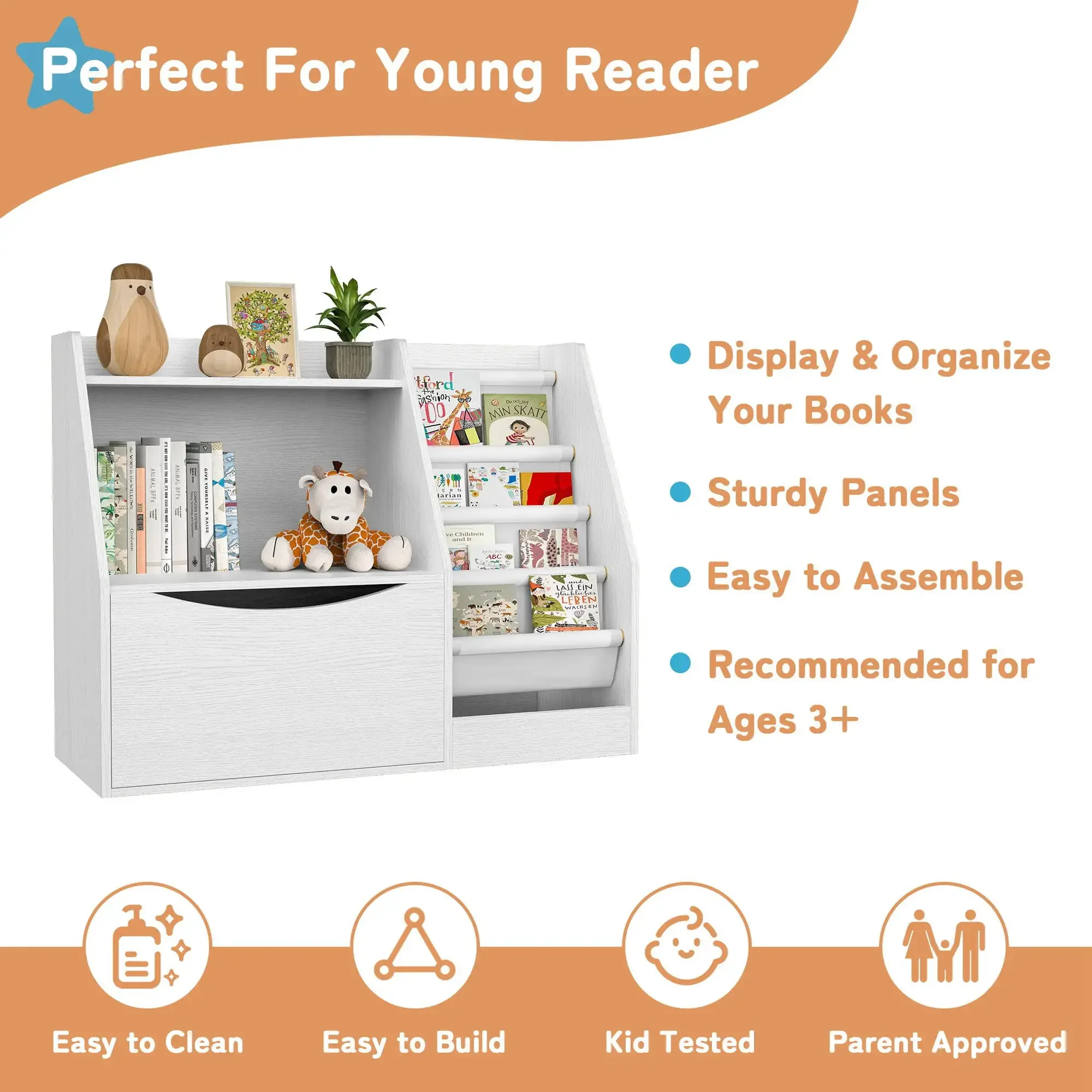 Bookshelf with Flip-Top Drawer, 3 Tier Kids Bookcase Toy Storage Organizer with 4 Layer Sling Bookshelf for Playroom Bedroom - Image 5