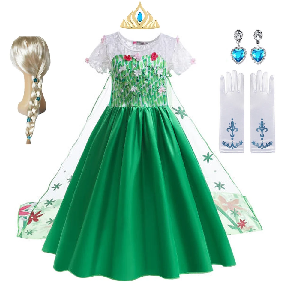 Elsa Green Dress for Kids Girl Princess Costume Dresses Children Long Cloak Floral Lace Ball Gown Summer - Image 3