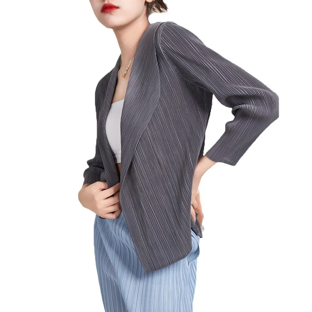 Miyake Pleated Short Jacket 2025 Spring Summer Women's Casual Tops Flap Collar Loose Shopping Peplum Cardigan Tunic Tops - Image 6