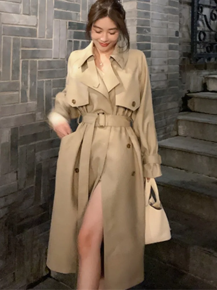 Autumn Winter Khaki Long Trench Coat for Women 2024 Jacket Elegant Outerwear Turn-down Collar Tie Belt Korean Chic Windbreaker - Image 6