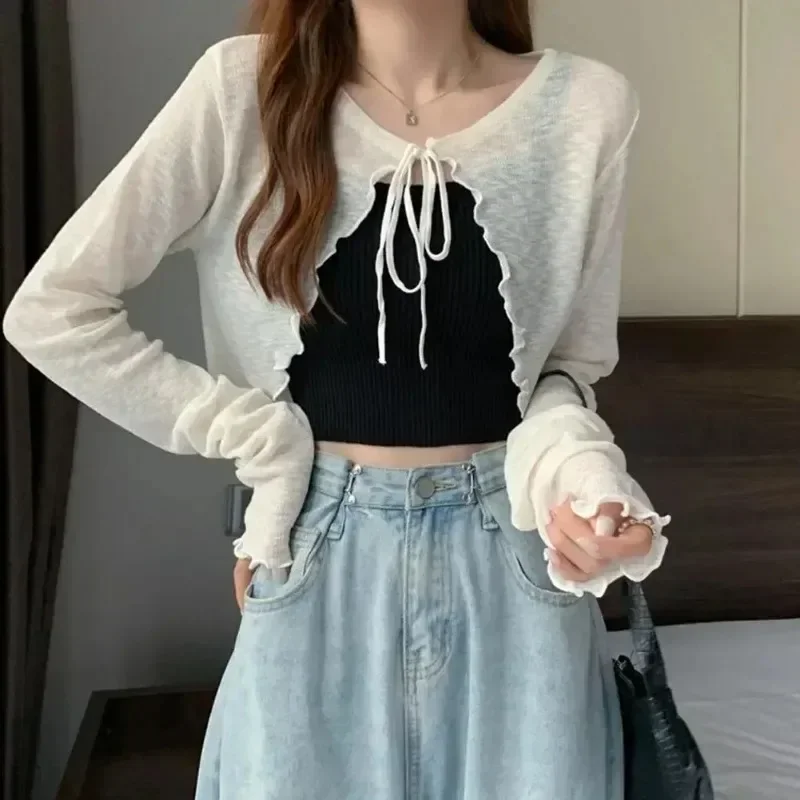 Summer Women Thin Sunscreen Cardigan Lace-up Knitwear Tops Female Korean Style Lantern Sleeve Short Coat Casual Sun Protected - Image 4