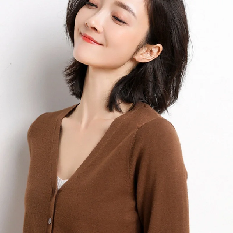 Cardigans Women 2022 Autumn Single Breasted V-neck Knitted Sweater Fashion Short Knitwear Solid Blue Green Pink Women's Jumpers - Image 6
