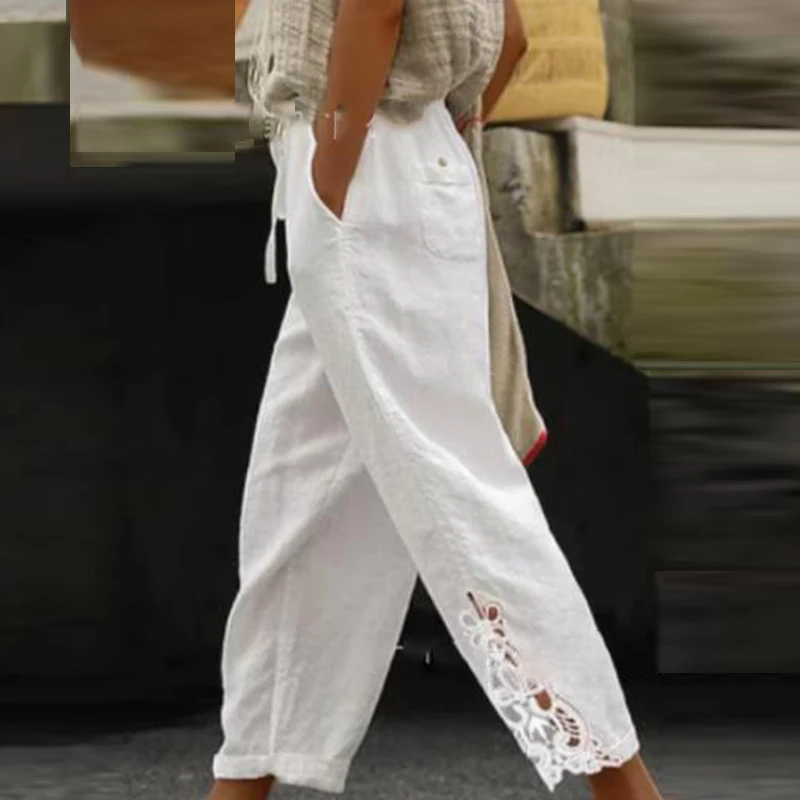 Women Fashion Embroidered Lace Trousers Vintage Lace-Up Pockets Pants Summer Elegant Loose Elastic Waist Long Pants Streetwears - Image 3