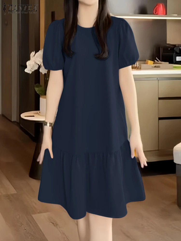 ZANZEA Women Casual Ruffled Hem Knee-length Dress 2025 Summer Short Puff Sleeve Solid A-line Vestidos Elegant Holiday Robe Femme - Image 4