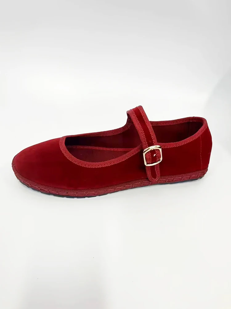 Velvet Mary Jane Shoes for Women Hand Stitch Casual Streetwear Ballet Flats Pumps Female Solid Color Red Cloth Shoes Loafers - Image 4