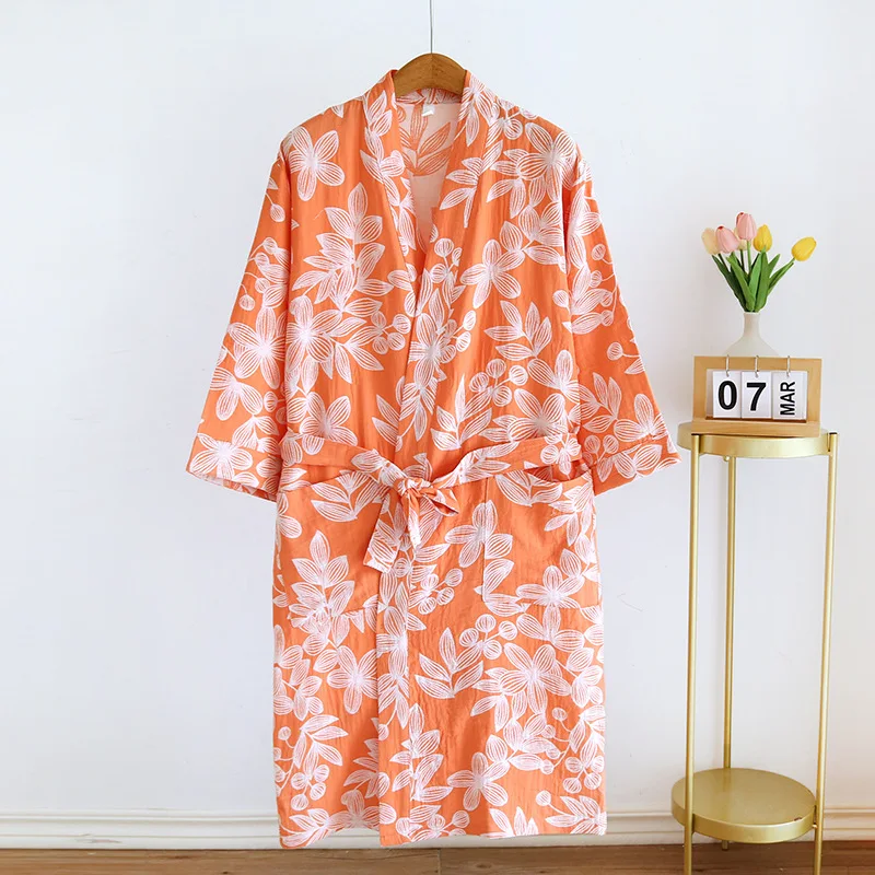 Women's Pure Cotton Gauze Pajamas Thin Jacquard Bathrobes Autumn Long Sleeve Japanese Kimono Robe Loose and Casual Home Wear - Image 4