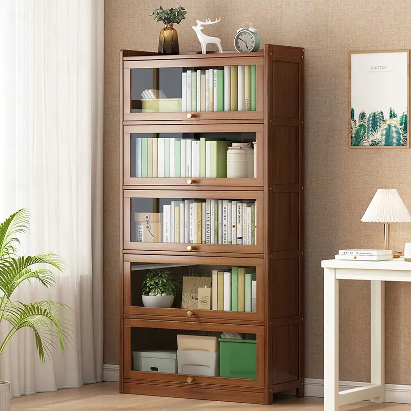 Modern Bamboo Bookshelf Storage Cabinet with Flip Doors 4/5/6 Tier Bookcase for Living Room Bedroom Office - Image 3
