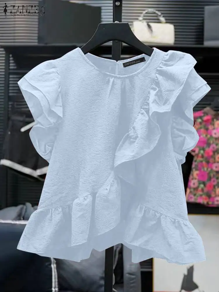 ZANZEA Women Chic Ruffle Blouse Vintage Short Sleeve Peplum Tops Holiday Summer Round Neck Tunic Casual Multilayer Pleated Shirt - Image 3