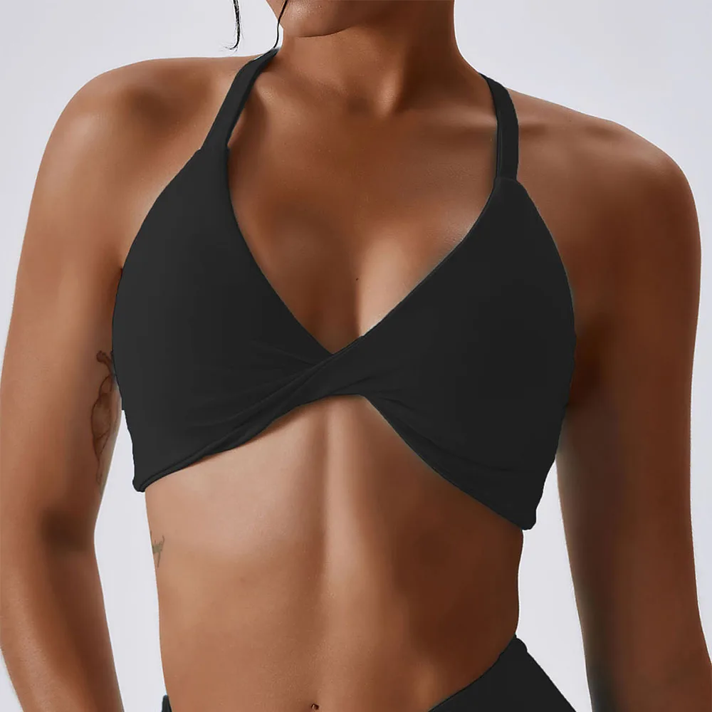 Anfilia Women Sports Bras Solid Halter Neck High Elastic With Removable Padded Gym Crisscross Strappy Back Yoga Running Tops - Image 2