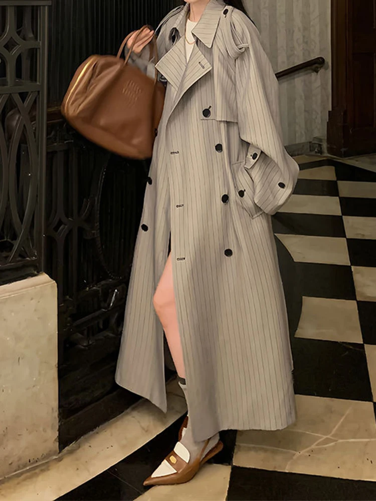 YERMORA Fashion Designer Long Trench Coat Women Lapel Double Breasted Belt Gathered Waist Windbreaker 2024 Autumn Winter New - Image 4