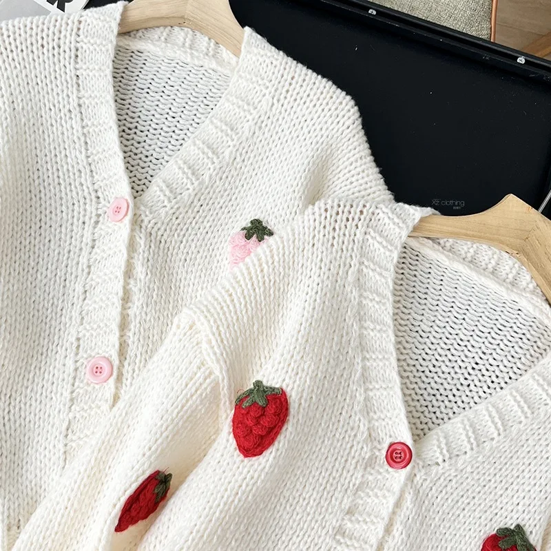 Fashion age reduction three-dimensional embroidery strawberry jacquard knitted cardigan soft waxy skin V-neck sweater - Image 6