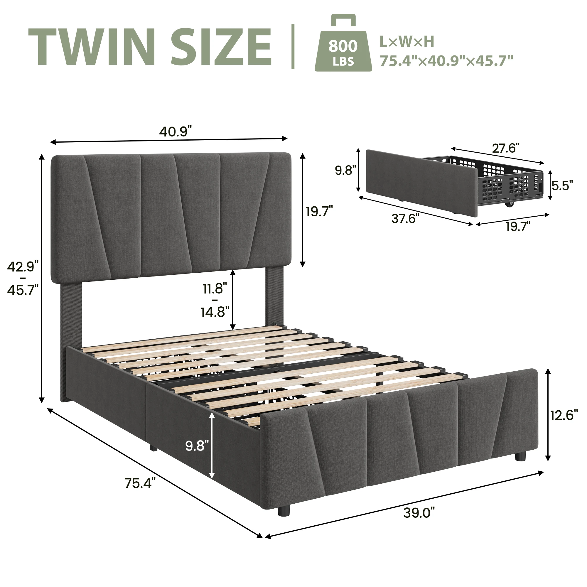 Full Size Bed Frame with Adjustable Headboard and 4 Storage Drawers, Upholstered Platform Bed Frame Wooden Slats Support - Image 6