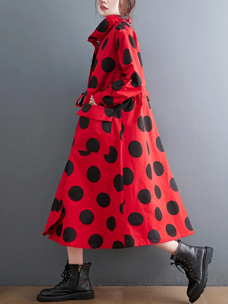 2022 Autumn Winter Oversized Polka Dot Long Trench Coat For Women Clothes Stand Collar Drawstring Fashion Casual Loose Outerwear - Image 4