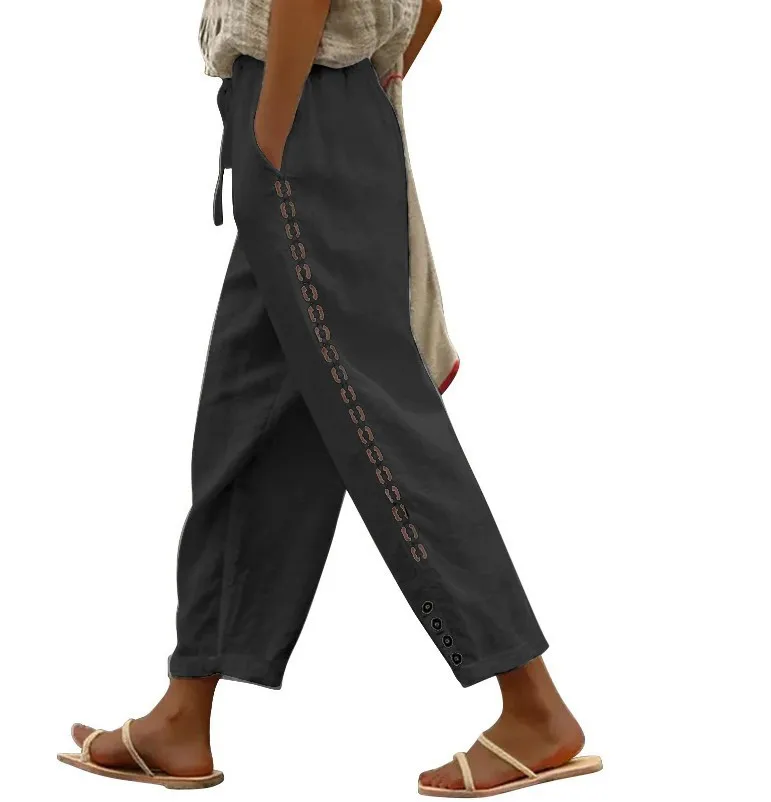 Women Fashion Embroidered Lace Trousers Vintage Lace-Up Pockets Pants Summer Elegant Loose Elastic Waist Long Pants Streetwears - Image 6