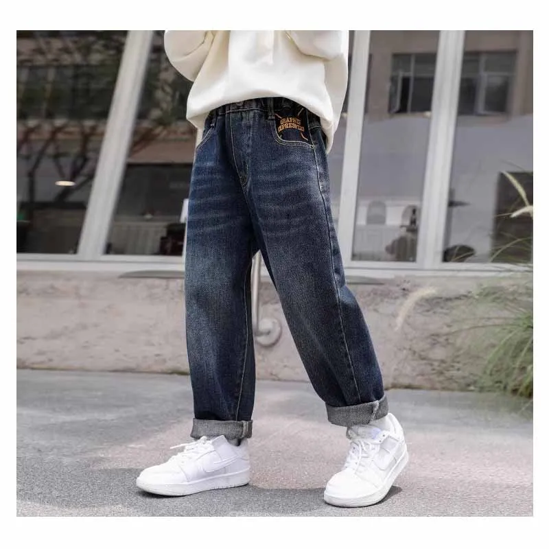 2024 Boys Fashion Jeans Children's Loose Casual Pants Spring Autumn New Kids Elastic Waist Pocket Letter Trousers 5-14 Years Old - Image 4