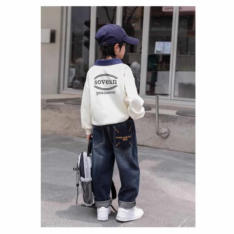 2024 Boys Fashion Jeans Children's Loose Casual Pants Spring Autumn New Kids Elastic Waist Pocket Letter Trousers 5-14 Years Old - Image 6