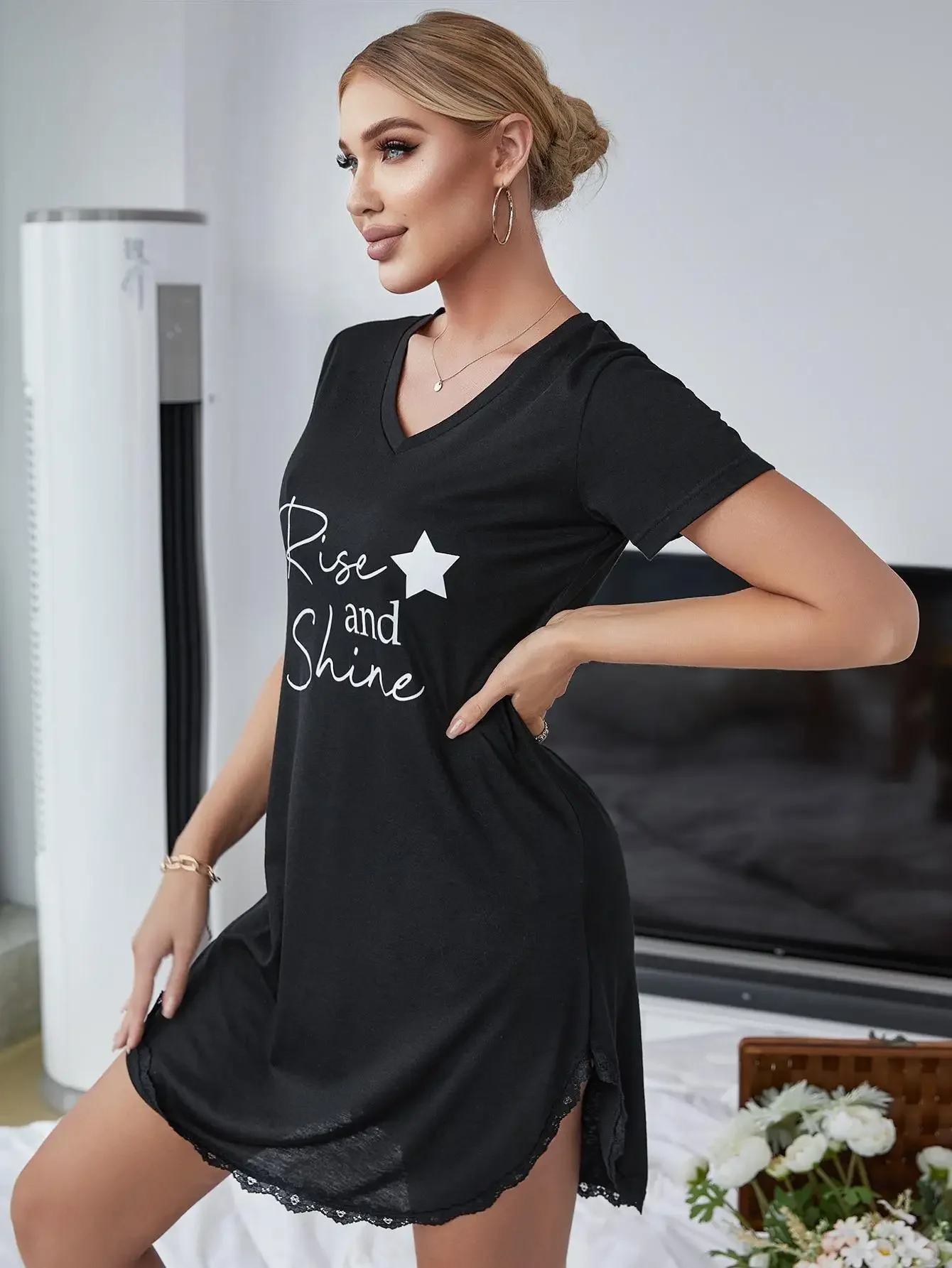 Nightgowns for Women Sexy Sleepshirts V Neck Short Sleeve Sleepwear Lace Trim Night Shirts Nightwear Homewear Nightdress Suit - Image 5