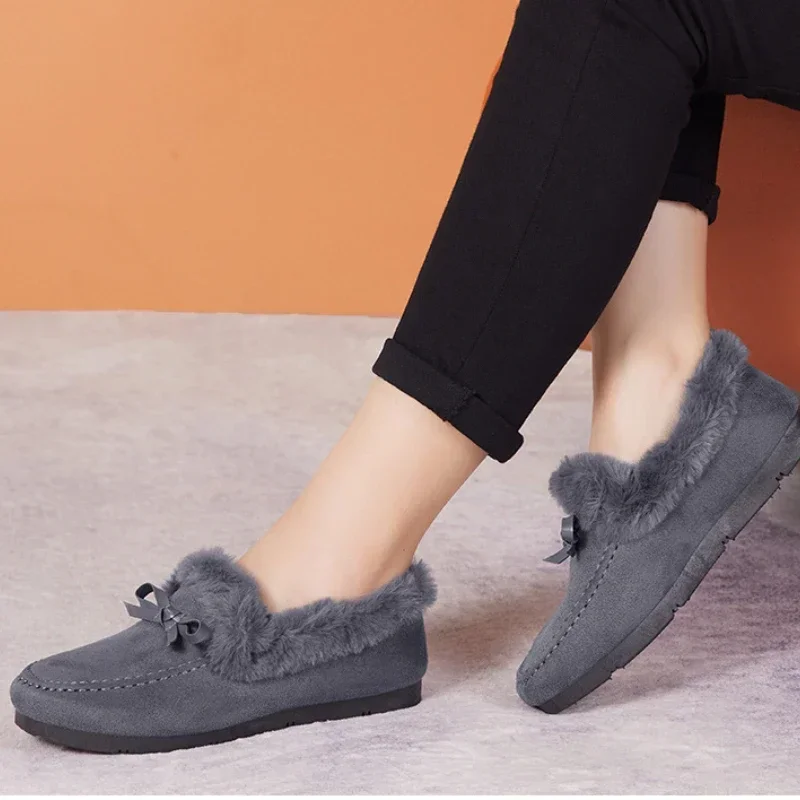 Women Winter Casual Shoes New Moccasins Soft Flat Non-slip Loafers Fashion Comfort Warm Plush Bow Slip on Female Cotton Shoes - Image 5