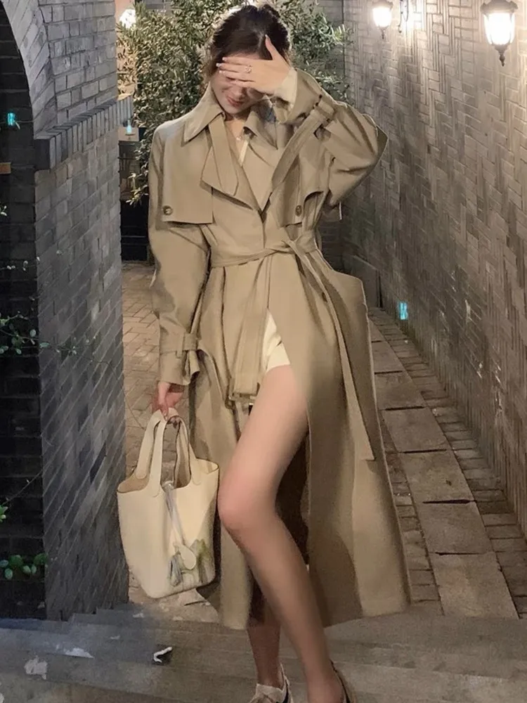 Autumn Winter Khaki Long Trench Coat for Women 2024 Jacket Elegant Outerwear Turn-down Collar Tie Belt Korean Chic Windbreaker - Image 5