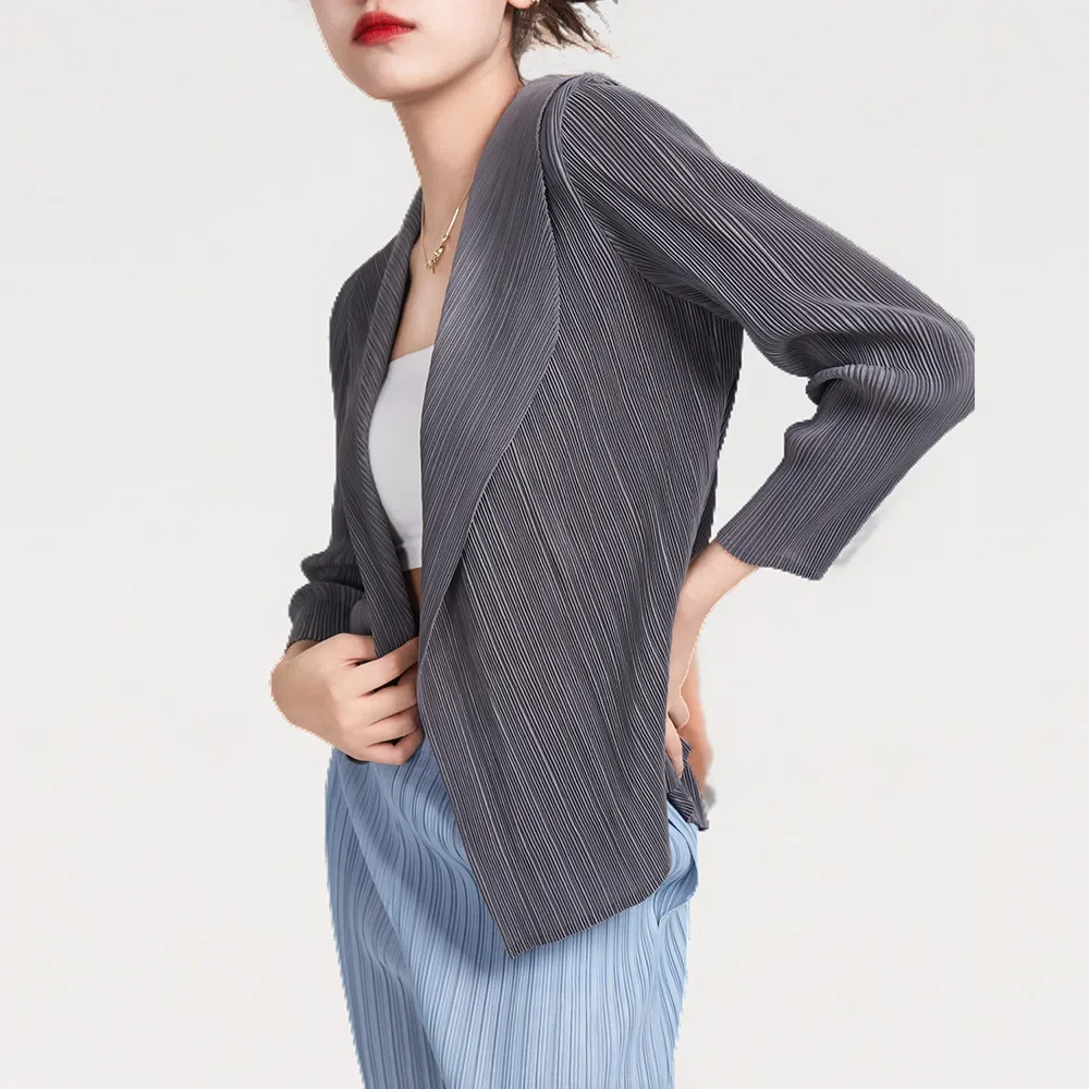 Miyake Pleated Short Jacket 2025 Spring Summer Women's Casual Tops Flap Collar Loose Shopping Peplum Cardigan Tunic Tops - Image 2