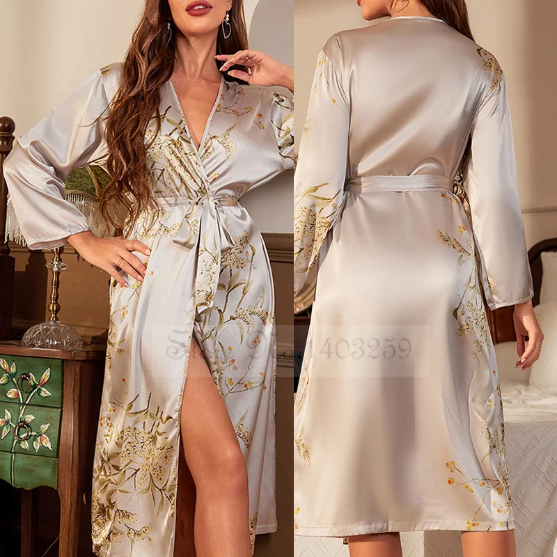 Print Cherry Floral Kimono Bathrobe Gown Female Long Robe Sleepwear Spring Summer Loose Satin Nightdress Lingerie Home Wear - Image 4