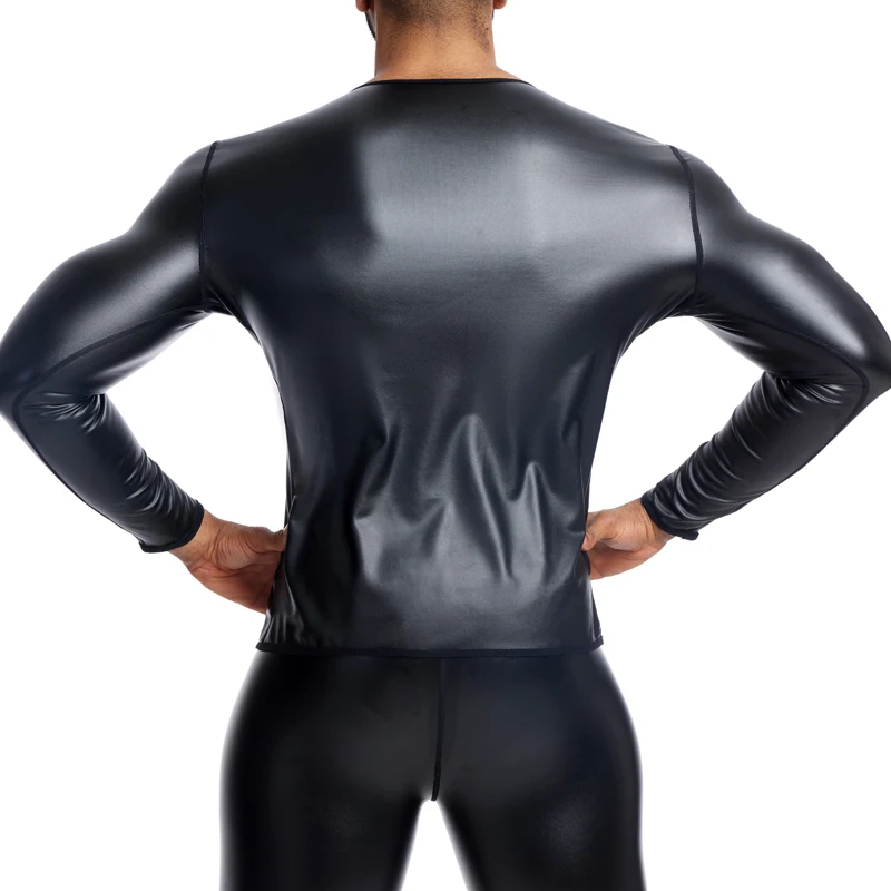 Men's New T-shirt Top Casual Shirts S-6XL Mens Wet Look Undershirt Faux Leather Long Shirts Slim Fit Muscle Tops Casual Clubwear - Image 6