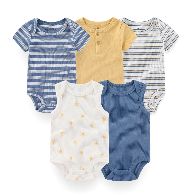 Unisex 5Pieces Newborn Bodysuits Cotton Baby Girl Clothes Set Summer Print Baby Boy Clothes Cartoon Sleeveless Solid Color Bebes - Image 5
