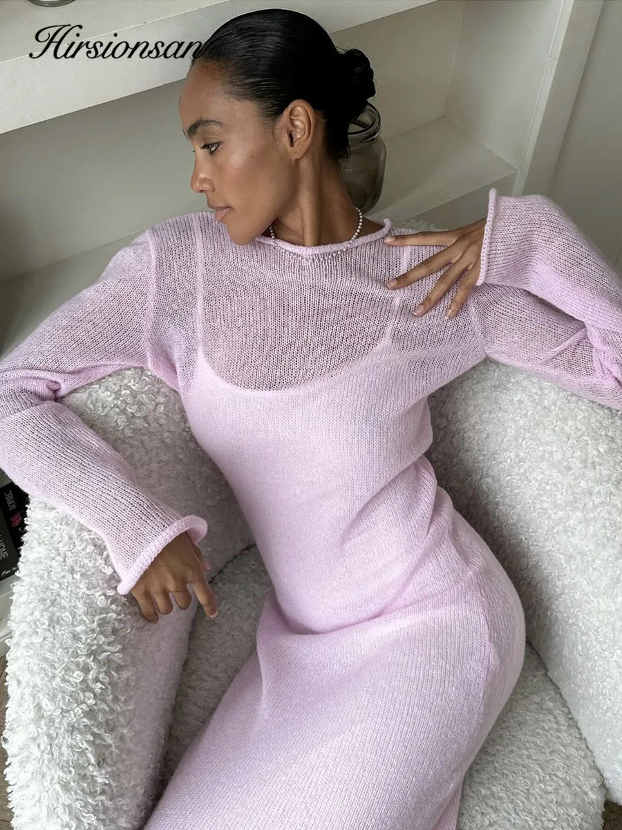 Hirsionsan Spring Autumn O-Neck Elastic Knit Long Dresses Women 2024 Elegant Chic Soft Lady Hollowing Sweater Dresses Femme New - Image 3