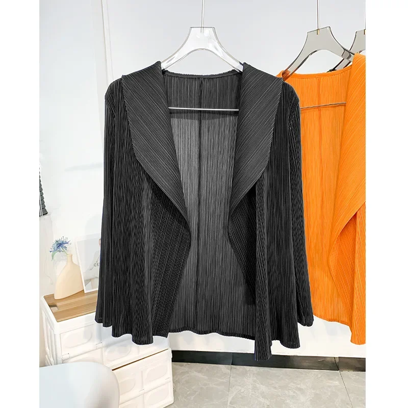 Miyake Pleated Short Jacket 2025 Spring Summer Women's Casual Tops Flap Collar Loose Shopping Peplum Cardigan Tunic Tops - Image 5