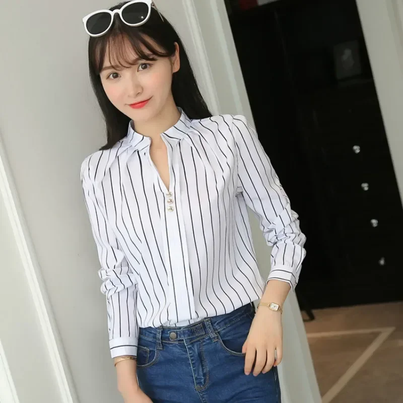 Women's Blouses Office Lady OL Work Shirts Long Sleeve Women Tops Fashion Casual White Stripe Print Female Slim Shirt - Image 5