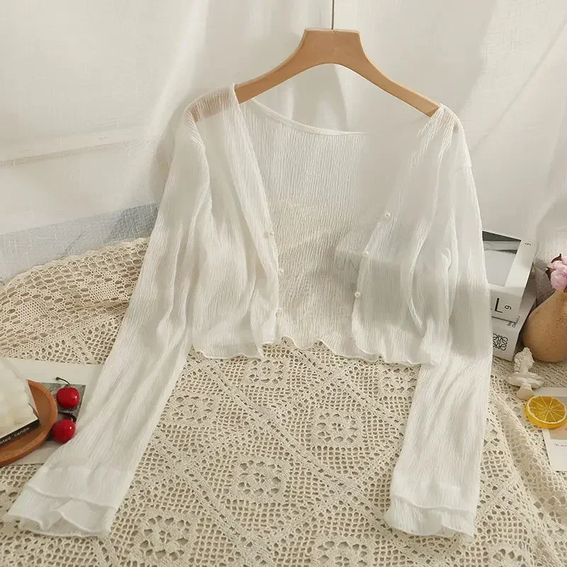 2025 Fairy Style Solid Cardigan Women Summer New Long Sleeve Sunscreen Sweet Beading V-neck Basics Loose Chiffon Cardigan - Image 5
