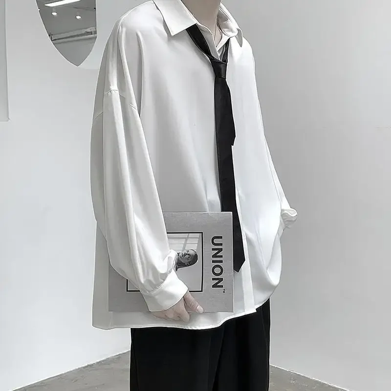 2025 Black Long-sleeved Shirts Men Korean Comfortable Blouses Casual Loose Single Breasted Shirt with Tie - Image 5