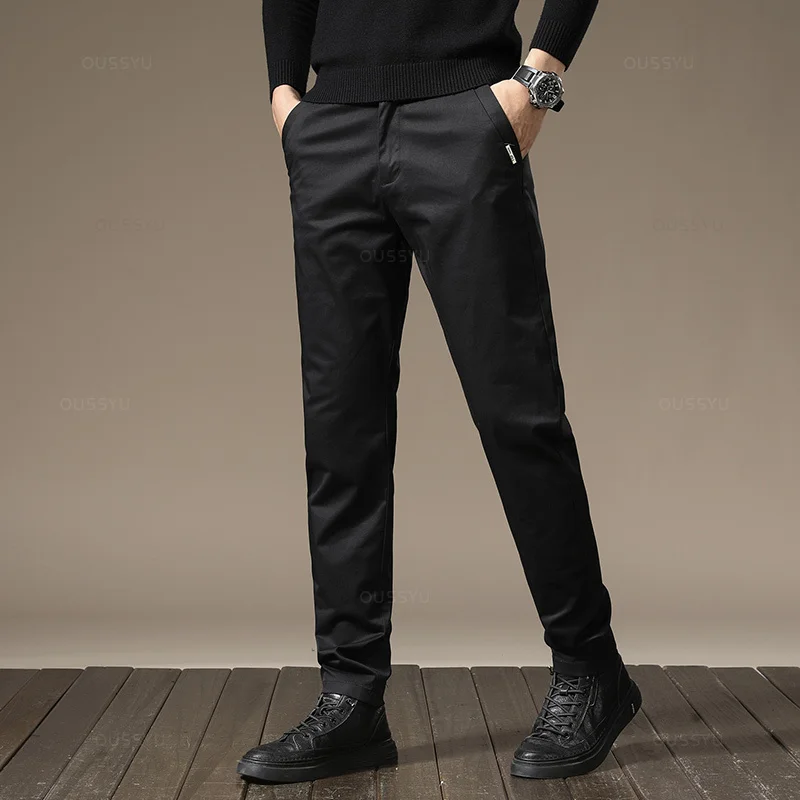 New High Quality Combed Cotton Casual Pants Men Thick Solid color Business Fashion Straight Fit Chinos Gray Brand Trousers Male - Image 2