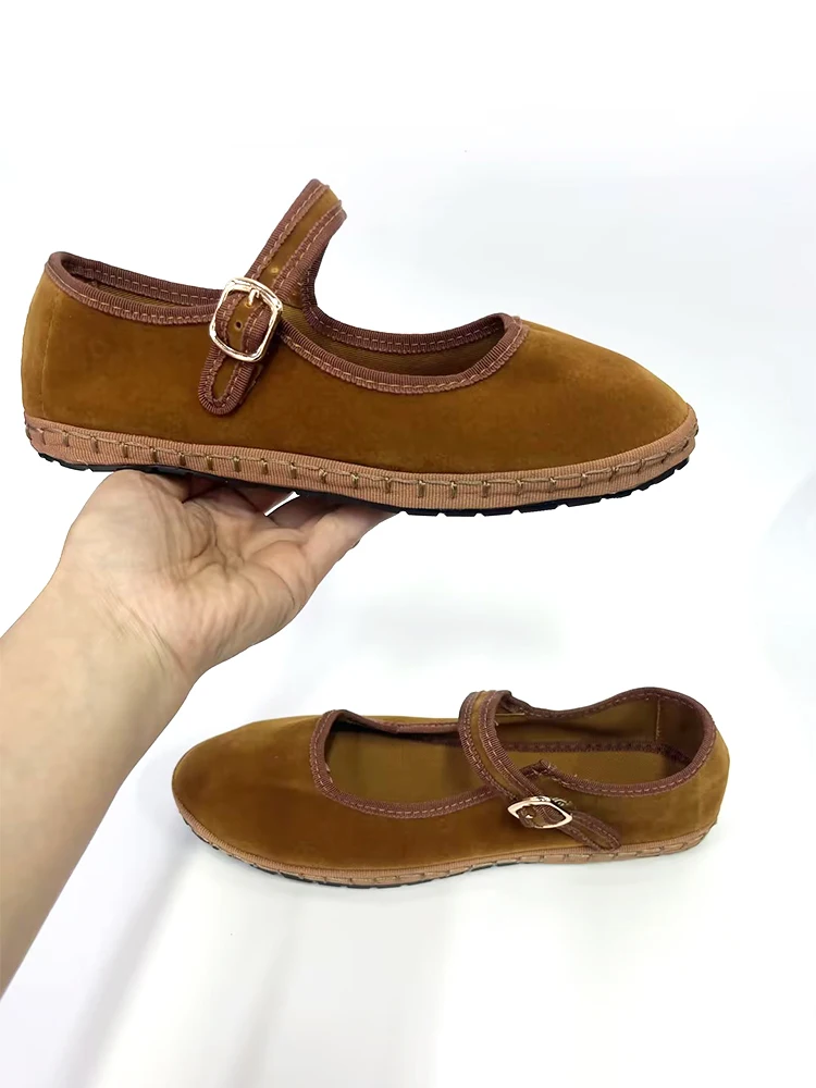 Velvet Mary Jane Shoes for Women Hand Stitch Casual Streetwear Ballet Flats Pumps Female Solid Color Red Cloth Shoes Loafers - Image 3