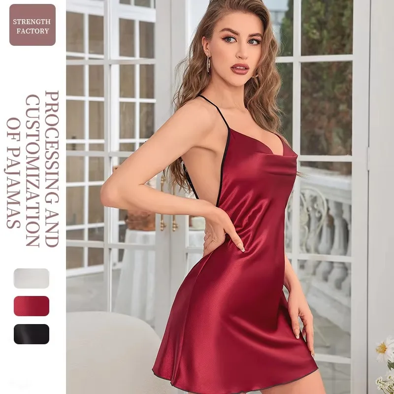 Fashion Solid Color V-neck Home Nightgown Women's Backless Cross Suspender Skirt Butterfly Decoration Simulation Silk Thin Dress - Image 4