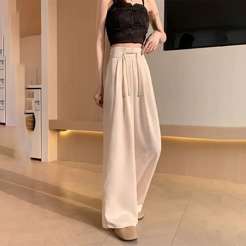 Summer Chinese National Style Jacquard Wide-Leg Pants Women's High Waist Casual Pants Black Spring Autumn Fashion Trousers - Image 6