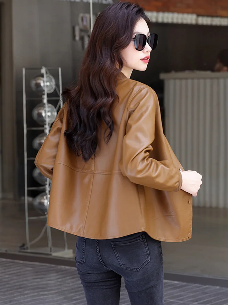 New Women Casual Leather Jacket Spring Autumn Fashion Patchwork V-Neck Single Breasted Loose Short Outerwear Split Leather - Image 4