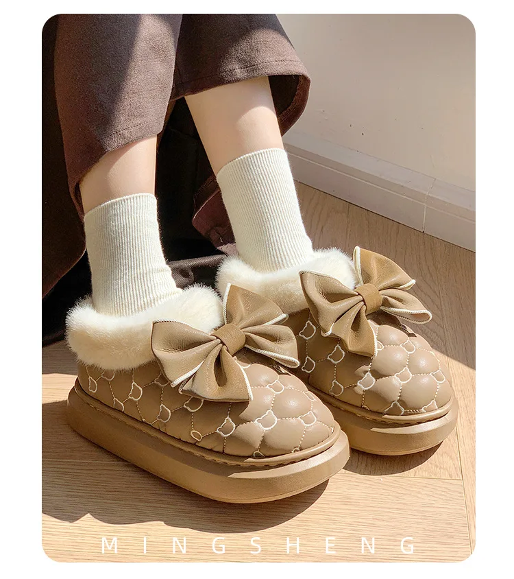 Winter Women Snow Boots Cute Bow Cotton Shoes Waterproof Down Short Barrel Ankle Boots Home Comfort Thick Soled Plush Boots - Image 5