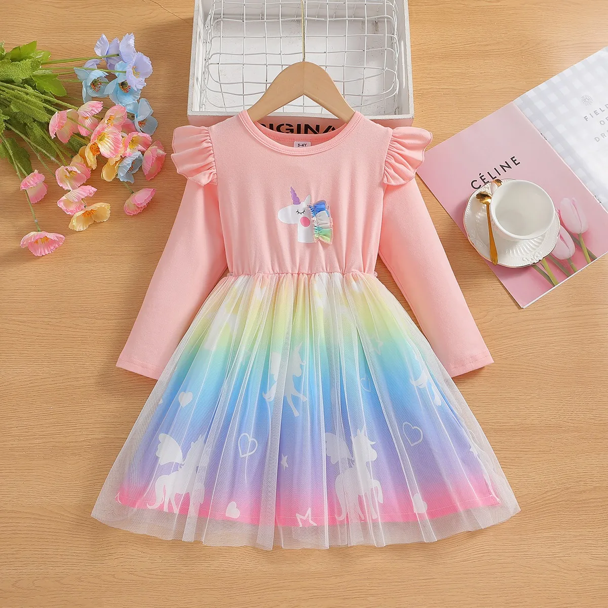 2025 New Princess Dress Unicorn Girls Dress Spring Kids Clothes Birthday Party Dress Long-sleeved for Children Rainbow 2-8Y - Image 3