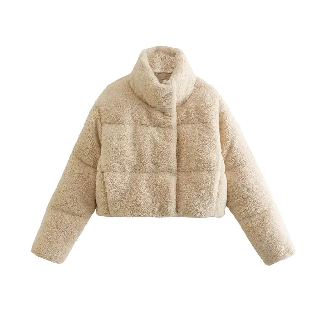 PB&ZA 2023 Autumn and Winter New Women's Lamb Wool Short Cotton Coat Standing Collar Thickened Warm Bread Coat Cotton Coat - Image 5