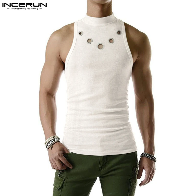 INCERUN Fashion Men Tank Tops Hollow Out Solid Turtleneck Sleeveless Male Vests Streetwear Summer 2023 Casual Men Clothing S-5XL - Image 2