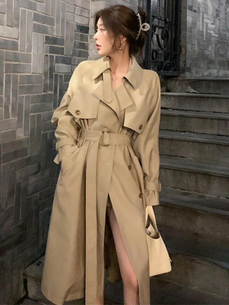Autumn Winter Khaki Long Trench Coat for Women 2024 Jacket Elegant Outerwear Turn-down Collar Tie Belt Korean Chic Windbreaker - Image 3