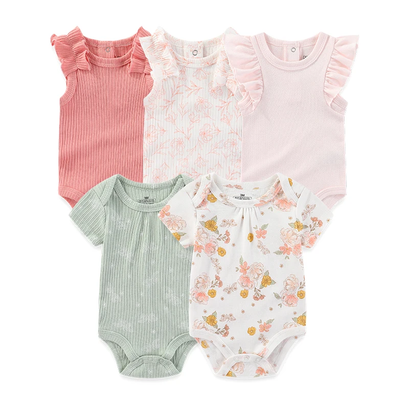 Unisex 5Pieces Newborn Bodysuits Cotton Baby Girl Clothes Set Summer Print Baby Boy Clothes Cartoon Sleeveless Solid Color Bebes - Image 3