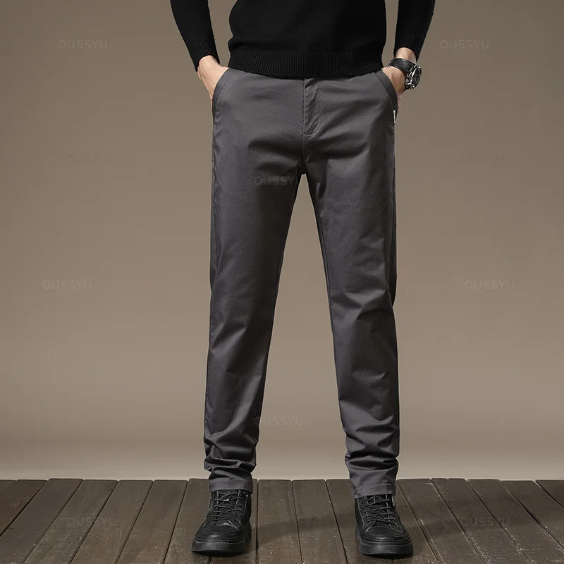 New High Quality Combed Cotton Casual Pants Men Thick Solid color Business Fashion Straight Fit Chinos Gray Brand Trousers Male - Image 3