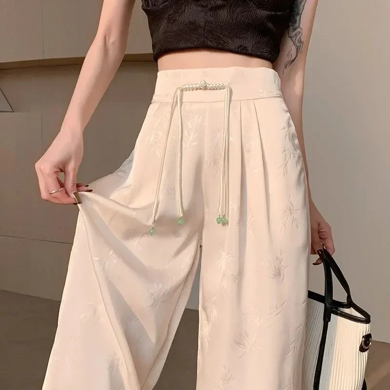 Summer Chinese National Style Jacquard Wide-Leg Pants Women's High Waist Casual Pants Black Spring Autumn Fashion Trousers - Image 4