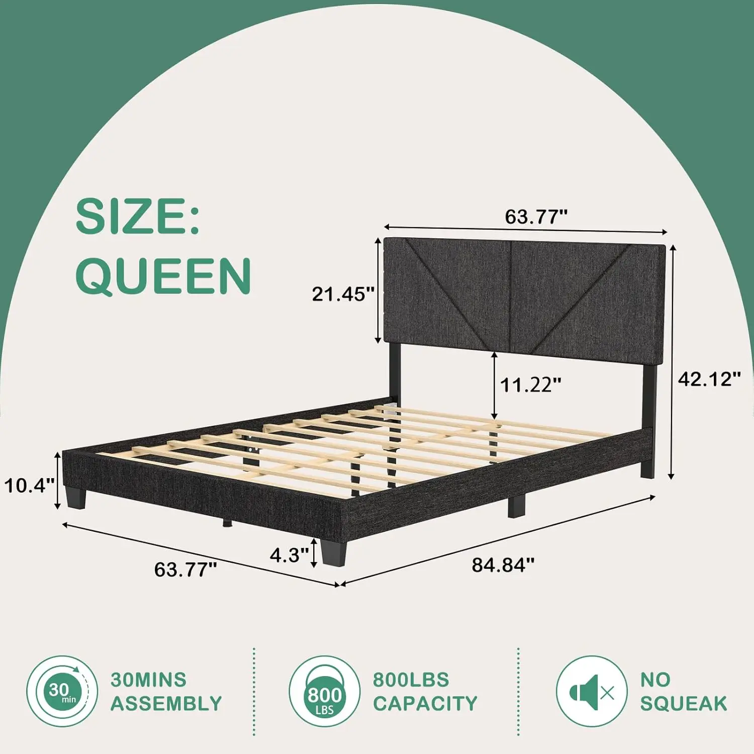 Queen Size Adjustable Headboard Bed Frame, Modern Linen Upholstered Platform Bed with Wood Slat Support - No Box Spring Needed - Image 3