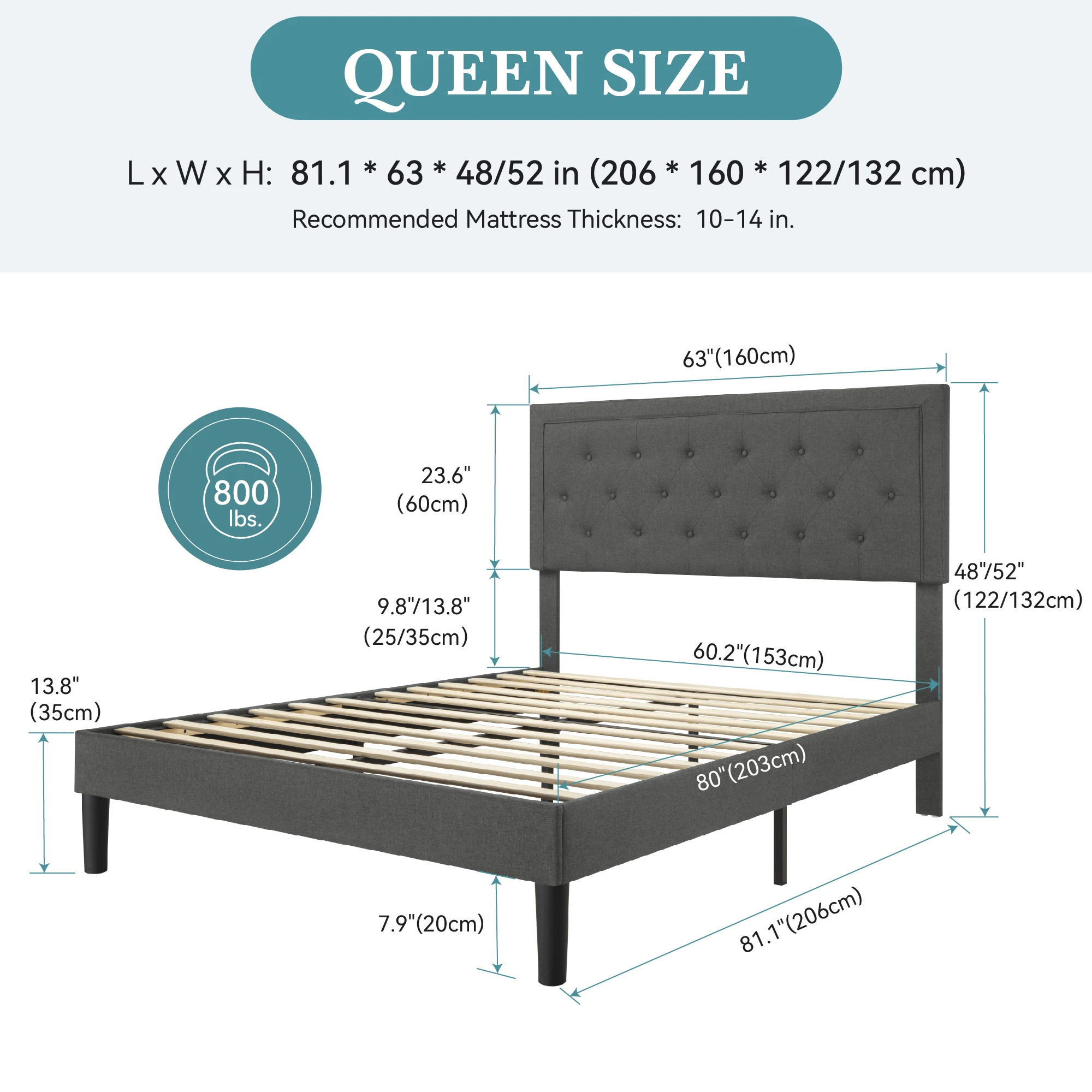 HOOMIC Upholstered Platform Bed Frame with Adjustable Modern Button Tufted Linen Fabric Headboard, No Box Spring Needed Allewie - Image 6